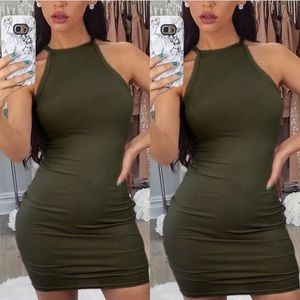 Olive Green Ribbed Midi Bodycon Dress